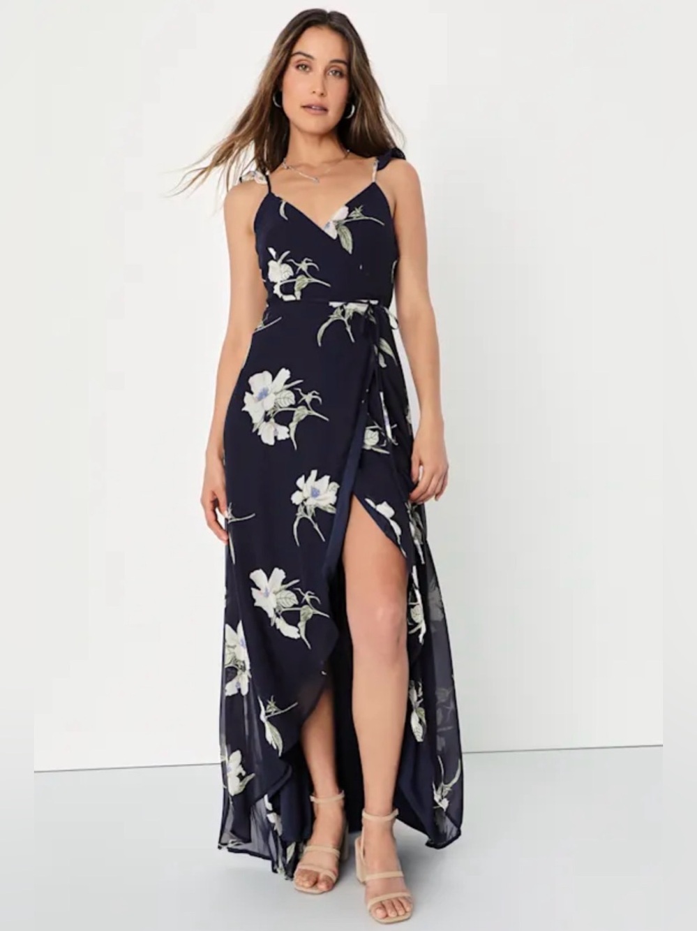 Lulus Navy Floral Print Ruffle Strap Wrap Maxi Dress NWT Size XL